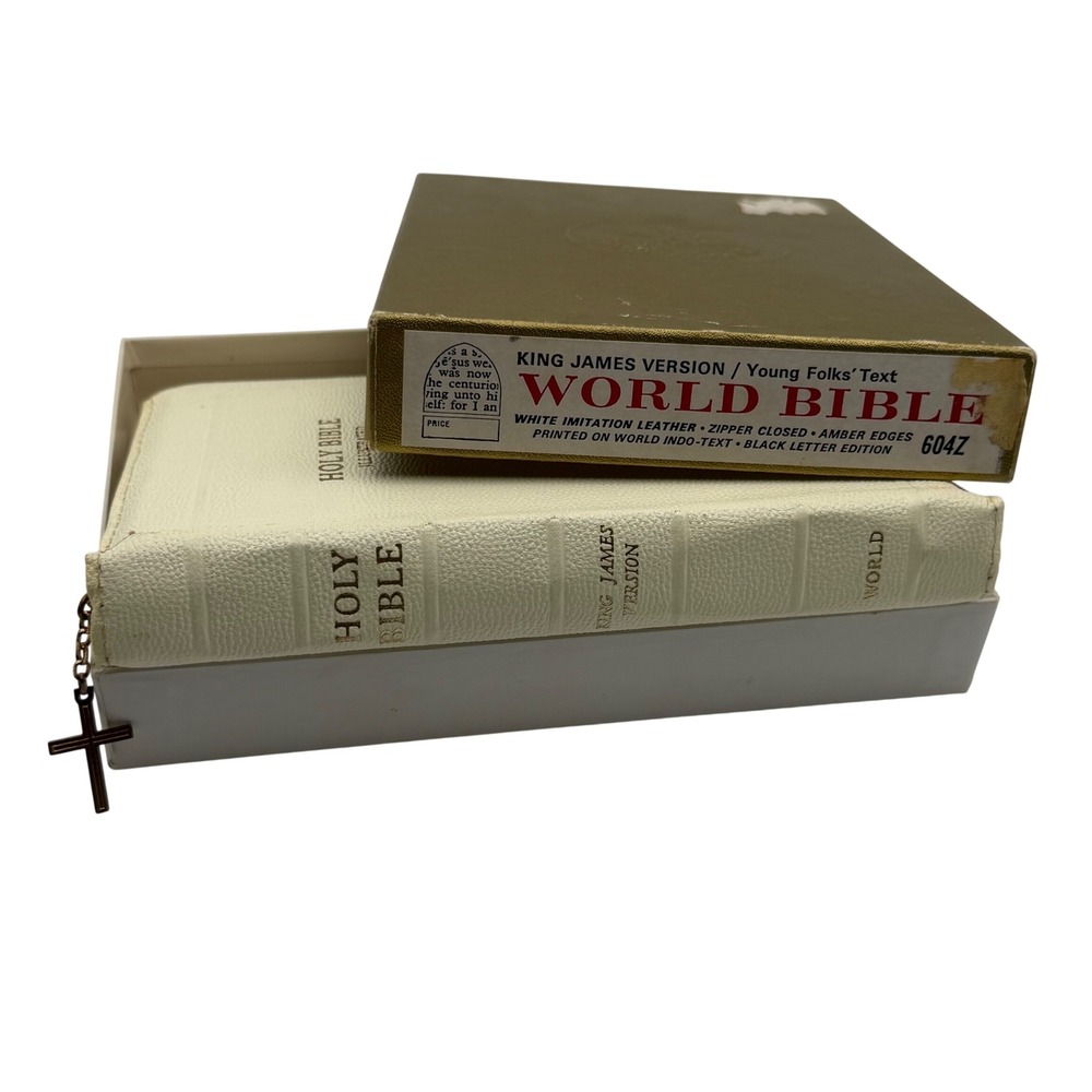 Vintage 1964 KJV World Bible White Zippered Leather Young Folk Illustrated Boxed